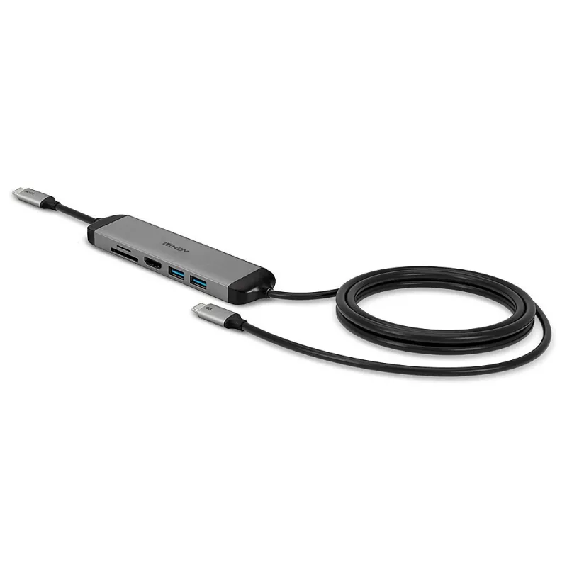 Lindy DST-Micro 140, USB-C klēpjdatora mikro dokstacija ar 4K atbalstu un 1,4 m 60 W uzlādes kabeli