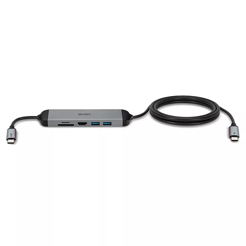 Lindy DST-Micro 140, USB-C klēpjdatora mikro dokstacija ar 4K atbalstu un 1,4 m 60 W uzlādes kabeli