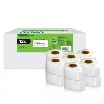 DYMO Authentic LabelWriter atgriešanās adreses uzlīmes | 25 mm x 54 mm | pašlīmējošas | 12 ruļļi pa 500 viegli nolobāmām uzlīmēm (kopā 6000) | paredzētas LabelWriter uzlīmju printeriem | ražotas Eiropā