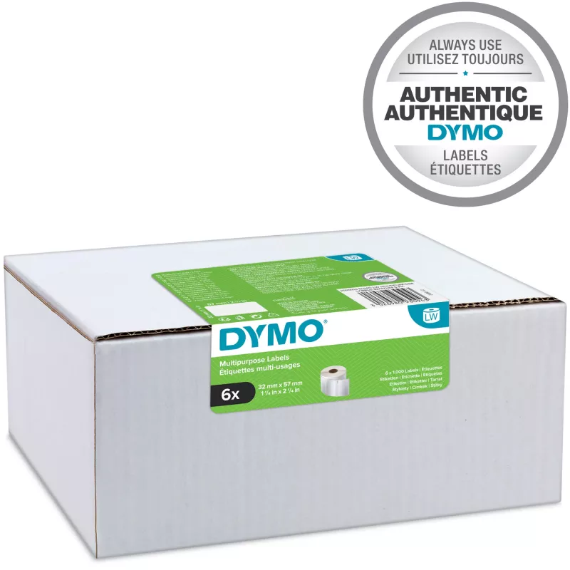DYMO autentiskās LabelWriter universālās etiķetes 32 mm x 57 mm 6 ruļļi pa 1 000 viegli nolobotām etiķetēm (6 000 gab.) pašlīmējošas LabelWriter etiķešu printeriem