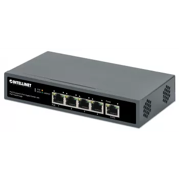 Intellinet 5 portu gigabitu slēdzis ar PoE caurlaidi, viens IEEE 802.3bt (PoE++ / 4PPoE) PD PoE ports ar 95 W ieejas jaudu, četri PSE PoE porti, PoE jaudas budžets līdz 65 W, IEEE 802.3at/af saderīga izeja, galda, iespēja stiprināt pie sienas