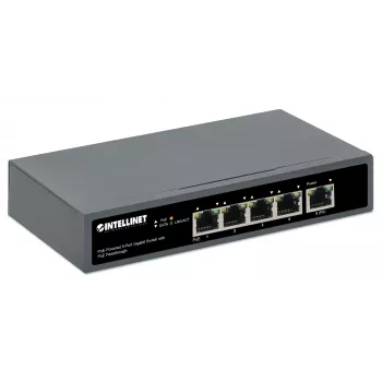 Intellinet 5 portu gigabitu slēdzis ar PoE caurlaidi, viens IEEE 802.3bt (PoE++ / 4PPoE) PD PoE ports ar 95 W ieejas jaudu, četri PSE PoE porti, PoE jaudas budžets līdz 65 W, IEEE 802.3at/af saderīga izeja, galda, iespēja stiprināt pie sienas