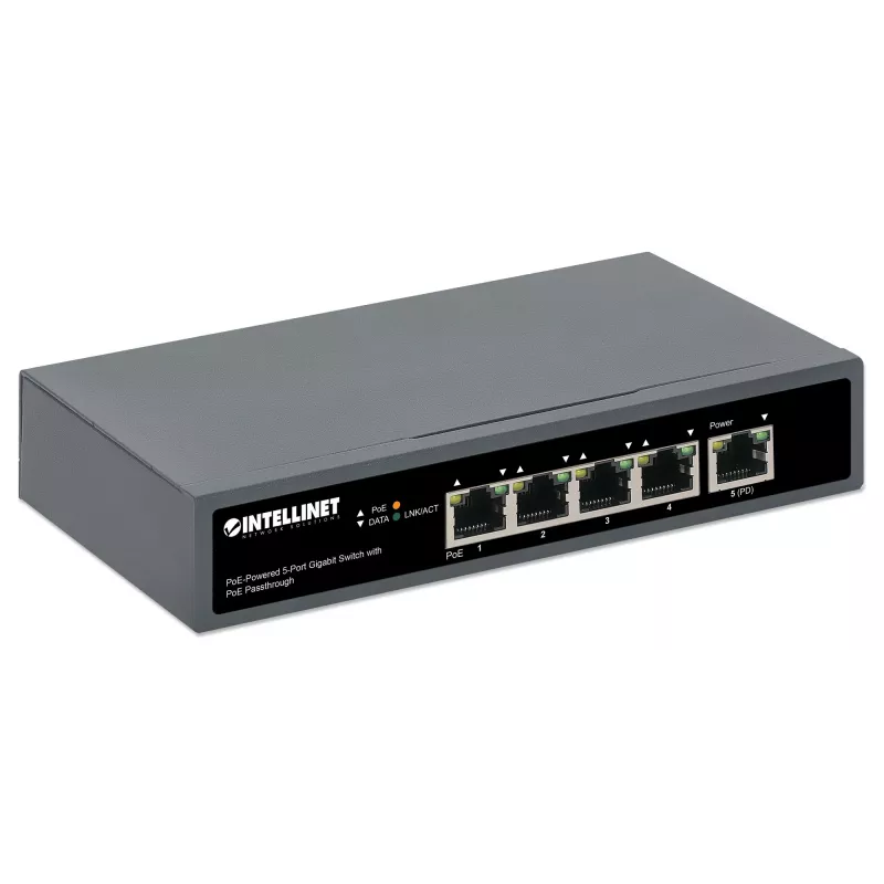 Intellinet 5 portu gigabitu slēdzis ar PoE caurlaidi, viens IEEE 802.3bt (PoE++ / 4PPoE) PD PoE ports ar 95 W ieejas jaudu, četri PSE PoE porti, PoE jaudas budžets līdz 65 W, IEEE 802.3at/af saderīga izeja, galda, iespēja stiprināt pie sienas