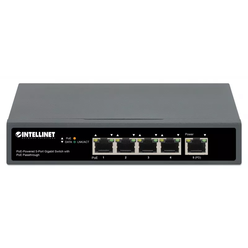 Intellinet 5 portu gigabitu slēdzis ar PoE caurlaidi, viens IEEE 802.3bt (PoE++ / 4PPoE) PD PoE ports ar 95 W ieejas jaudu, četri PSE PoE porti, PoE jaudas budžets līdz 65 W, IEEE 802.3at/af saderīga izeja, galda, iespēja stiprināt pie sienas
