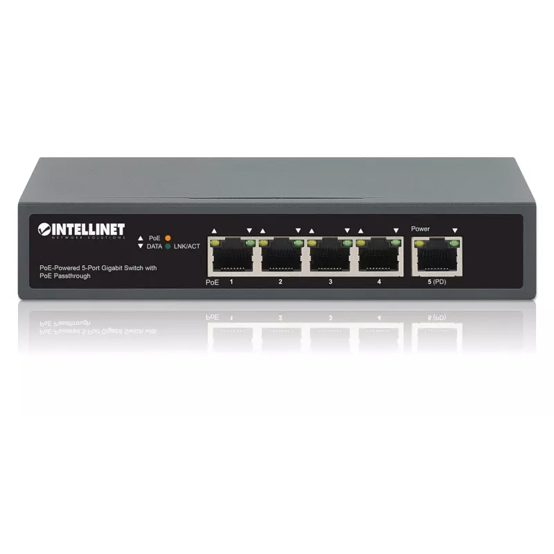 Intellinet 5 portu gigabitu slēdzis ar PoE caurlaidi, viens IEEE 802.3bt (PoE++ / 4PPoE) PD PoE ports ar 95 W ieejas jaudu, četri PSE PoE porti, PoE jaudas budžets līdz 65 W, IEEE 802.3at/af saderīga izeja, galda, iespēja stiprināt pie sienas