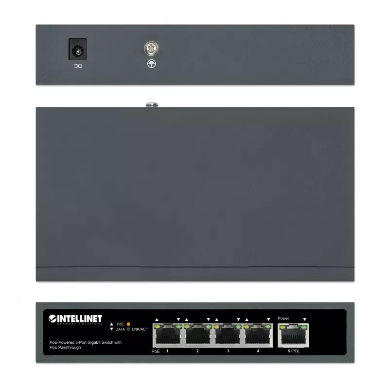 Intellinet 5 portu gigabitu slēdzis ar PoE caurlaidi, viens IEEE 802.3bt (PoE++ / 4PPoE) PD PoE ports ar 95 W ieejas jaudu, četri PSE PoE porti, PoE jaudas budžets līdz 65 W, IEEE 802.3at/af saderīga izeja, galda, iespēja stiprināt pie sienas