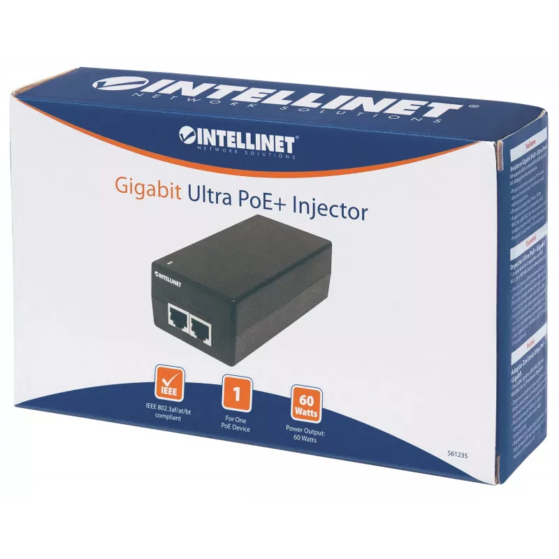 Intellinet Gigabit Ultra PoE+ inžektors, 1 x 60 W ports, atbilst IEEE 802.3bt un IEEE 802.3at/af, plastmasas korpuss