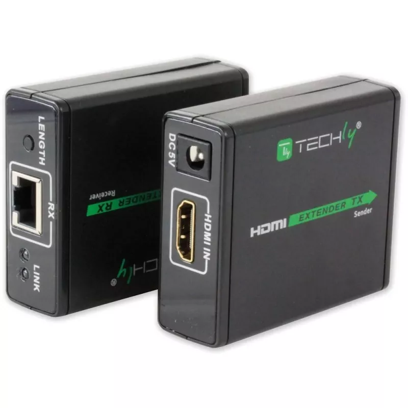 AV raidītājs un uztvērējs TECHLY IDATA EXT-E70 — HDMI pagarinātājs pa Cat6/6a/7 kabeli, Full HD 1920x1080, 60 m, 10,2 Gbit/s, HDCP, melns