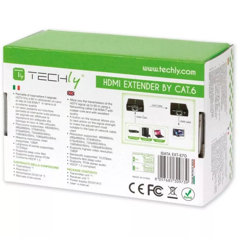AV raidītājs un uztvērējs TECHLY IDATA EXT-E70 — HDMI pagarinātājs pa Cat6/6a/7 kabeli, Full HD 1920x1080, 60 m, 10,2 Gbit/s, HDCP, melns