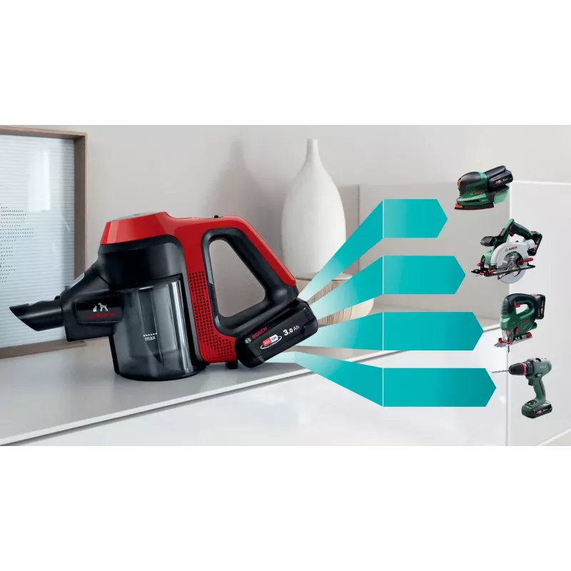 Bosch BBS711ANM vertikālais putekļsūcējs/elektriskā slota Baterija Sausā Bez maisiņa 0.3 L Melns, Sarkans, Nerūsējošais tērauds