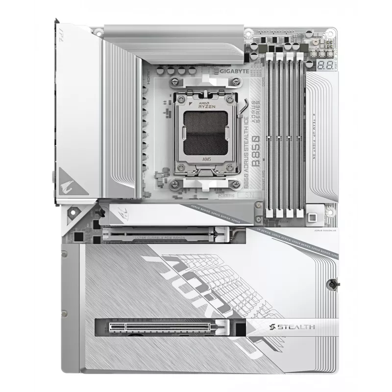 GIGABYTE B850 AORUS STEALTH ICE ATX mātesplate AMD Socket AM5 — B850, 14+2+2 VRM, DDR5 līdz 8200MHz (OC), 2×PCIe5, 2×PCIe4 M.2, Wi‑Fi 7, 5GbE