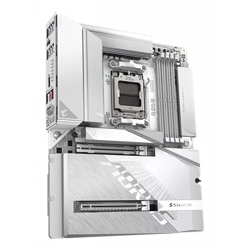 GIGABYTE B850 AORUS STEALTH ICE ATX mātesplate AMD Socket AM5 — B850, 14+2+2 VRM, DDR5 līdz 8200MHz (OC), 2×PCIe5, 2×PCIe4 M.2, Wi‑Fi 7, 5GbE