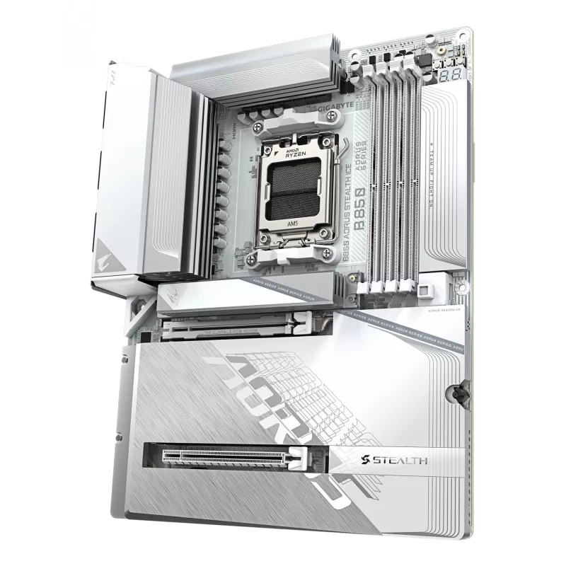 GIGABYTE B850 AORUS STEALTH ICE ATX mātesplate AMD Socket AM5 — B850, 14+2+2 VRM, DDR5 līdz 8200MHz (OC), 2×PCIe5, 2×PCIe4 M.2, Wi‑Fi 7, 5GbE