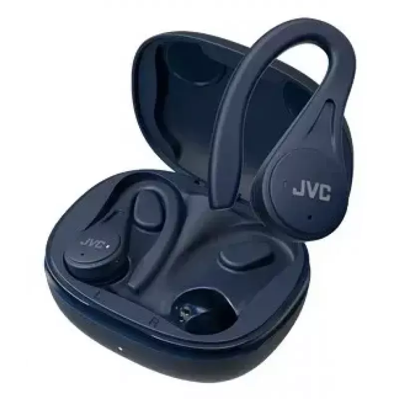 Ievietojamās austiņas JVC HA-EC25TAU — True Wireless, Bluetooth 5.1, IPX5, auss āķis, 6 mm draiveri, 30 h ar maciņu, zila