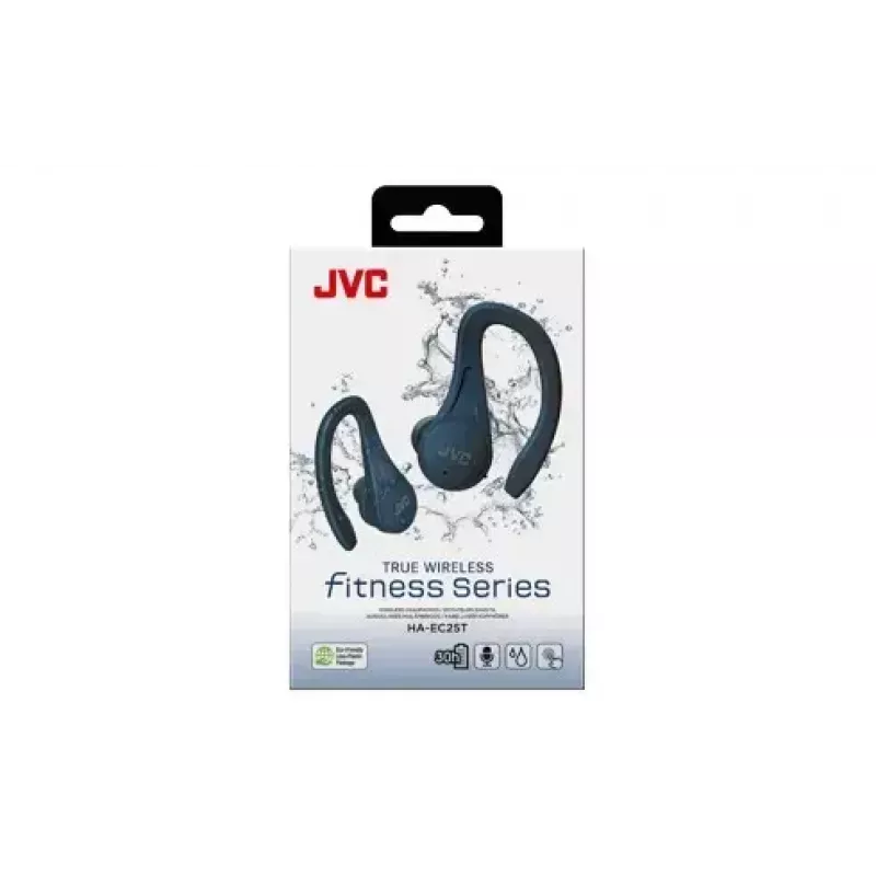 Ievietojamās austiņas JVC HA-EC25TAU — True Wireless, Bluetooth 5.1, IPX5, auss āķis, 6 mm draiveri, 30 h ar maciņu, zila