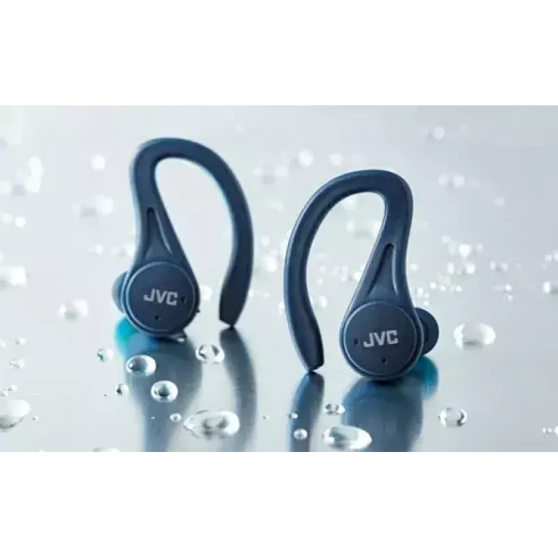 Ievietojamās austiņas JVC HA-EC25TAU — True Wireless, Bluetooth 5.1, IPX5, auss āķis, 6 mm draiveri, 30 h ar maciņu, zila