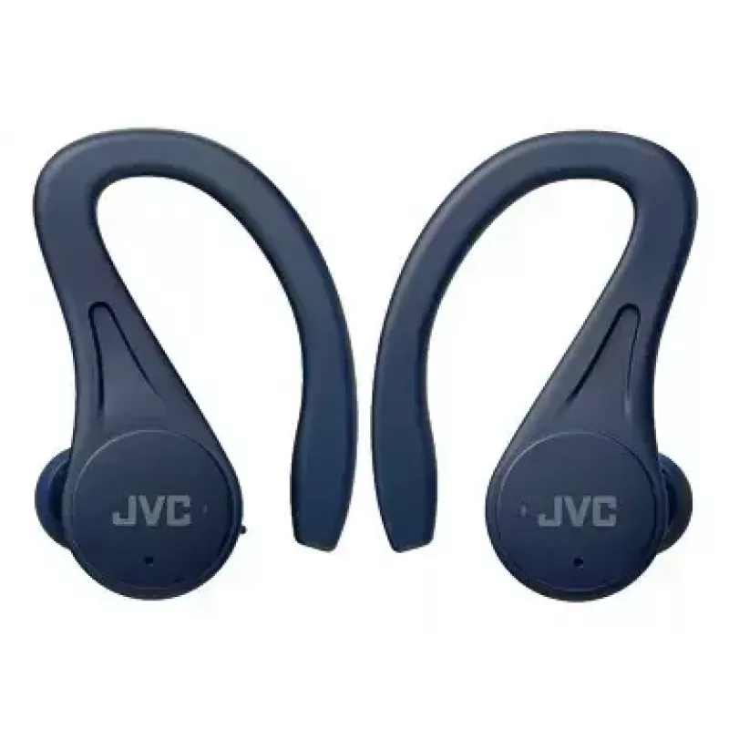 Ievietojamās austiņas JVC HA-EC25TAU — True Wireless, Bluetooth 5.1, IPX5, auss āķis, 6 mm draiveri, 30 h ar maciņu, zila