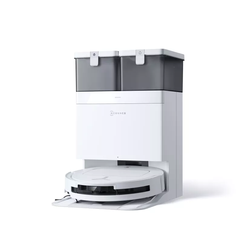 Robot putekļsūcējs Ecovacs Deebot T50 Pro Omni — 185 min darbības laiks, 6400 mAh baterija, 3 L bāzes putekļu ietilpība, D-ToF lidar navigācija, mitrā slaucīšana, 9 mm pacelšanās