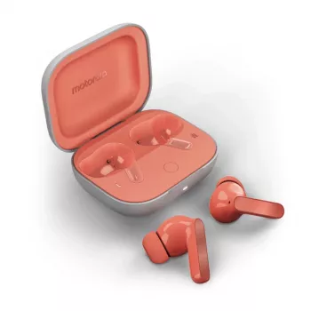 Bezvadu ievietojamās austiņas Motorola Moto Buds — Coral, Bluetooth 5.3, ANC, Dolby Atmos, 9 h atskaņošana (42 h ar uzlādes maciņu)