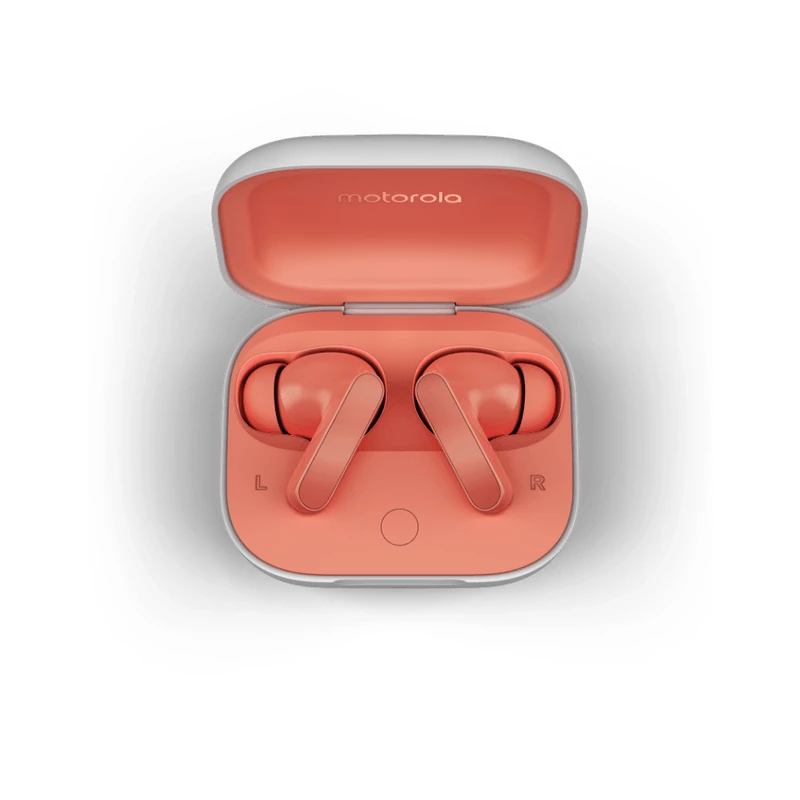 Bezvadu ievietojamās austiņas Motorola Moto Buds — Coral, Bluetooth 5.3, ANC, Dolby Atmos, 9 h atskaņošana (42 h ar uzlādes maciņu)