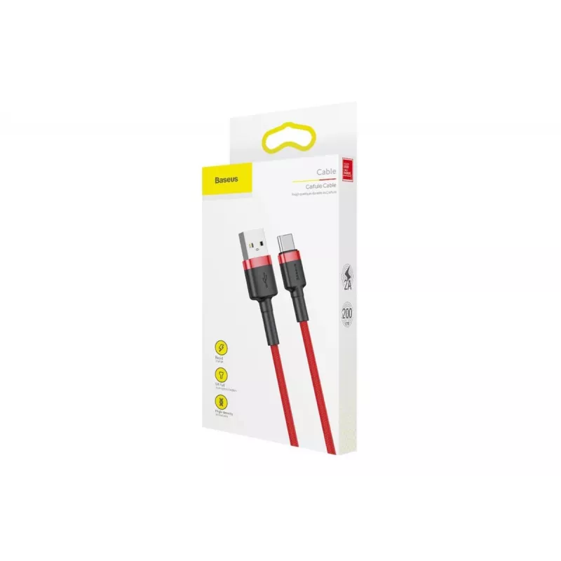 BASEUS pītais Cafule ātrās uzlādes kabelis - USB Type-A uz Type-C 2A - 2m - sarkans (neilons)