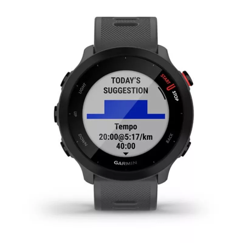 Viedpulkstenis GARMIN Forerunner 55, apaļš 42 mm korpuss, pelēks, silikona siksniņa, GPS/GLONASS/Galileo, 5 ATM ūdensizturība