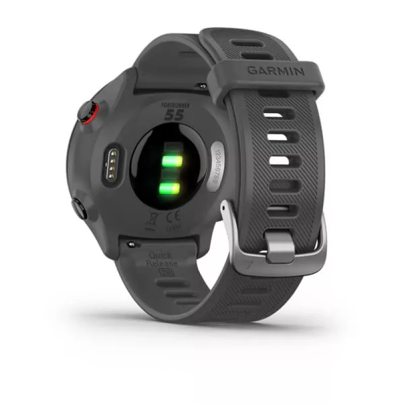 Viedpulkstenis GARMIN Forerunner 55, apaļš 42 mm korpuss, pelēks, silikona siksniņa, GPS/GLONASS/Galileo, 5 ATM ūdensizturība