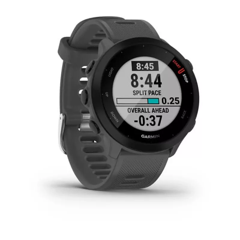 Viedpulkstenis GARMIN Forerunner 55, apaļš 42 mm korpuss, pelēks, silikona siksniņa, GPS/GLONASS/Galileo, 5 ATM ūdensizturība