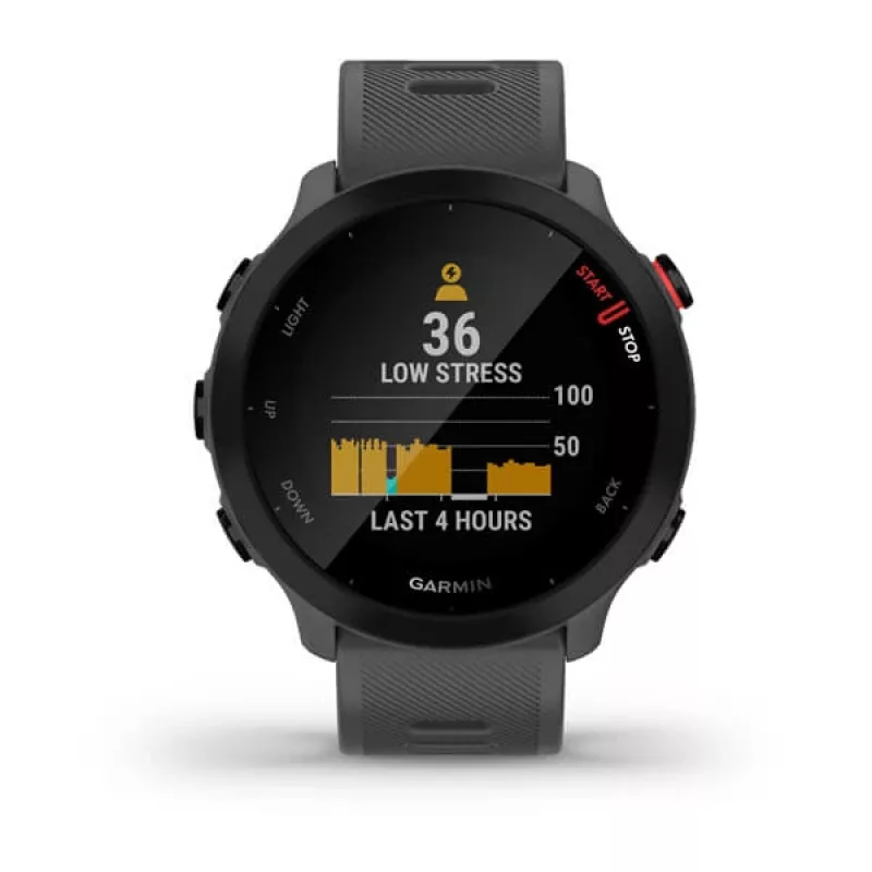 Viedpulkstenis GARMIN Forerunner 55, apaļš 42 mm korpuss, pelēks, silikona siksniņa, GPS/GLONASS/Galileo, 5 ATM ūdensizturība