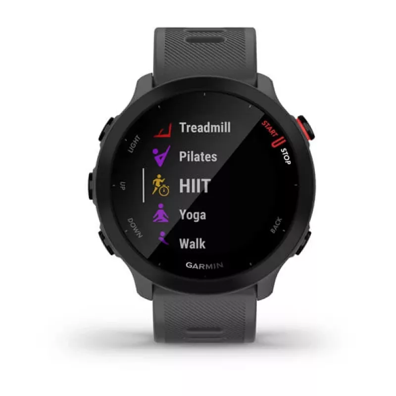 Viedpulkstenis GARMIN Forerunner 55, apaļš 42 mm korpuss, pelēks, silikona siksniņa, GPS/GLONASS/Galileo, 5 ATM ūdensizturība
