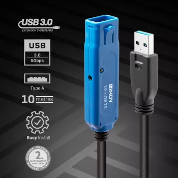 Lindy 8m USB 3.0 Active Extension Pro, 8 m, USB A, USB A, USB 3.2 Gen 1 (3.1 Gen 1), 5 Gbit/s, melns