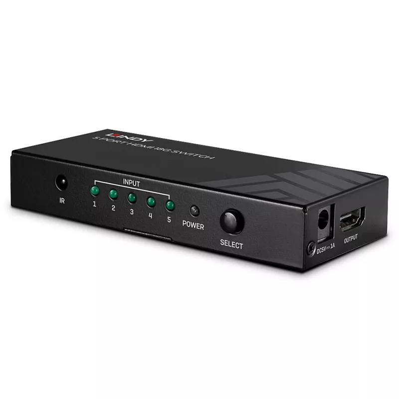 Lindy 5 Port HDMI 18G Switch, HDMI, Metal, Melns, 18 Gbit/s, RF, 4K Ultra HD