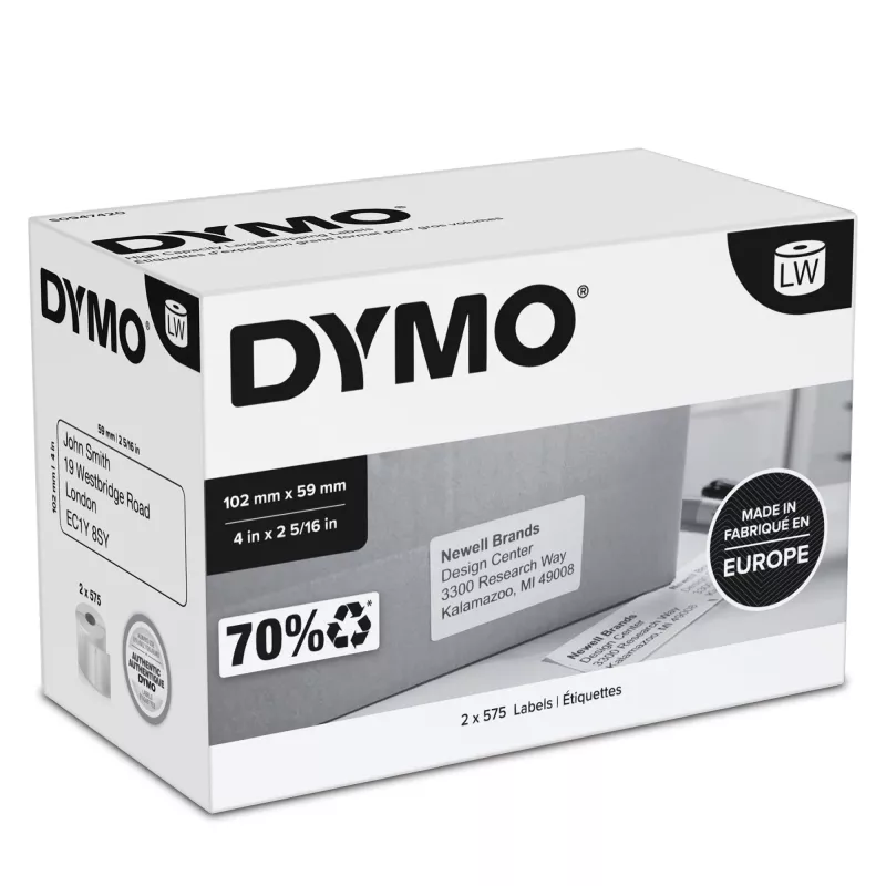DYMO Authentic LabelWriter lielas ietilpības piegādes etiķetes | (59 mm x 102 mm) | 2 ruļļi ar 575 viegli nolobāmām etiķetēm (1 150 pasta etiķetes) | pašlīmējošas | LabelWriter 4XL/5XL etiķešu printeriem