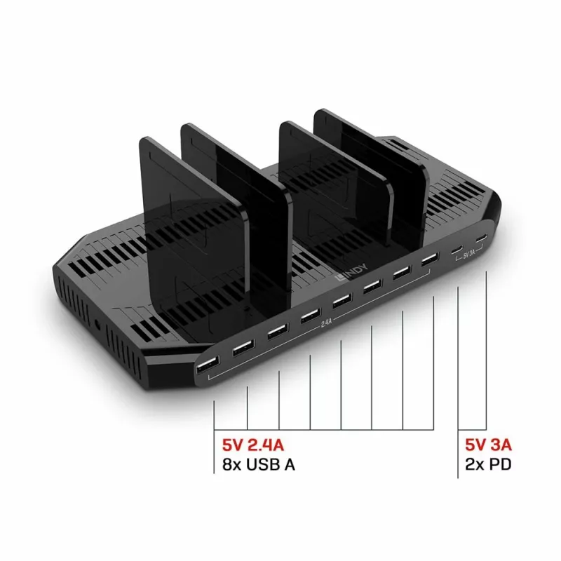 Lindy 120W 10 portu USB uzlādes stacija