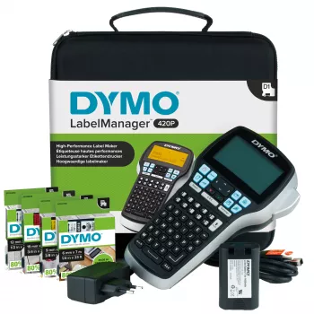DYMO LabelManager 420P augstas veiktspējas uzlādējams pārnēsājams etiķešu printera komplekts | ABC tastatūra ar 4 D1 etiķešu ruļļiem un pārnēsāšanas futrāli