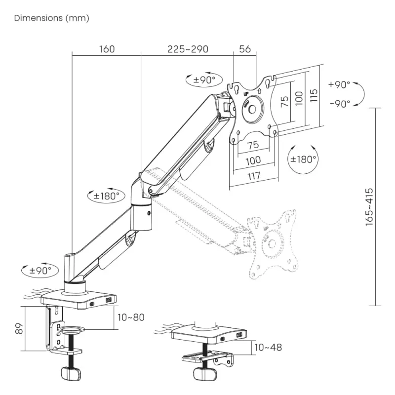 Galda monitora stiprinājums Gembird MA-DA1U-01 32 collu (81,3 cm) ekrāniem, maks. 9 kg, VESA 75x75–100x100, melns
