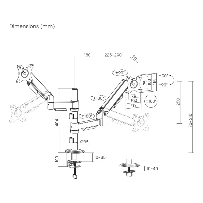 Monitora galda statīvs Gembird MA-DA2P-02 diviem displejiem, līdz 81,3 cm (32 collas), VESA 75x75–100x100, maksimālais svars 9 kg katram, skava/caurums, melns