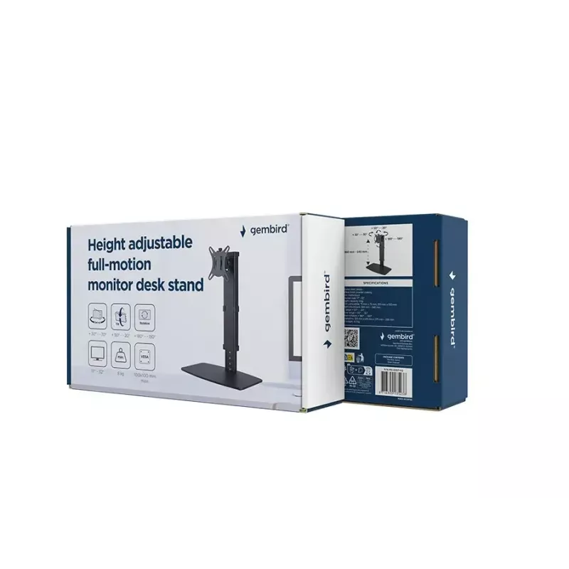 Monitora galda statīvs GEMBIRD MS-D1ST-02 — regulējams augstumā, pilnas kustības, 17–32 collu ekrāniem, maks. 8 kg, VESA 75x75–100x100, melns