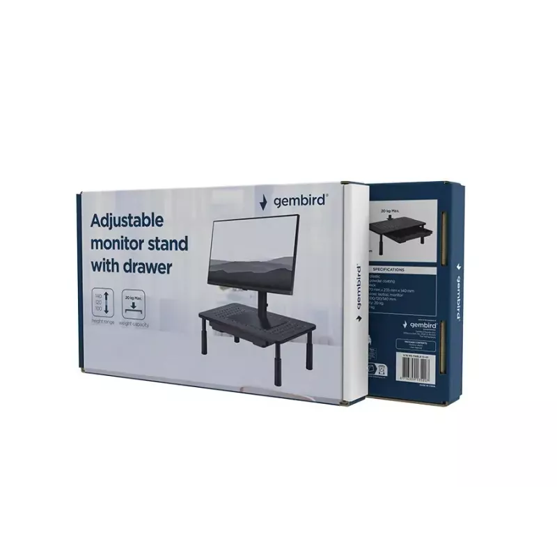 Monitora statīvs GEMBIRD MS-TABLE-D-01 — augstumā regulējams galda paaugstinājums ar 1 atvilktni, tērauda, 140 mm augstums, balsta 1 displeju, 20 kg ietilpība