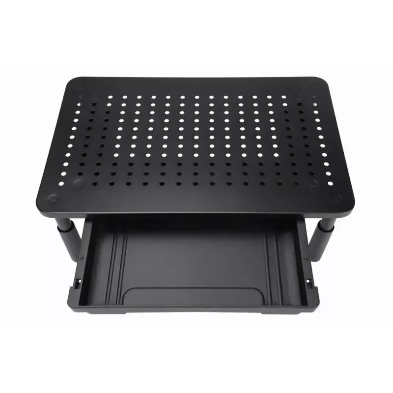 Monitora statīvs GEMBIRD MS-TABLE-D-01 — augstumā regulējams galda paaugstinājums ar 1 atvilktni, tērauda, 140 mm augstums, balsta 1 displeju, 20 kg ietilpība