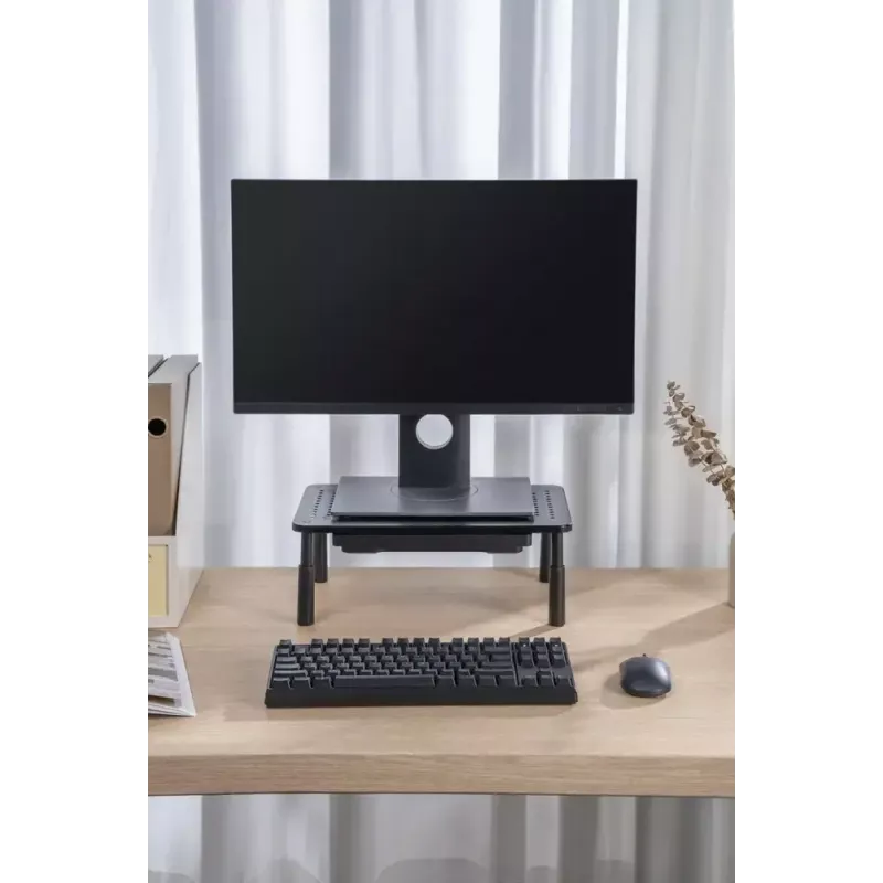 Monitora statīvs GEMBIRD MS-TABLE-D-01 — augstumā regulējams galda paaugstinājums ar 1 atvilktni, tērauda, 140 mm augstums, balsta 1 displeju, 20 kg ietilpība