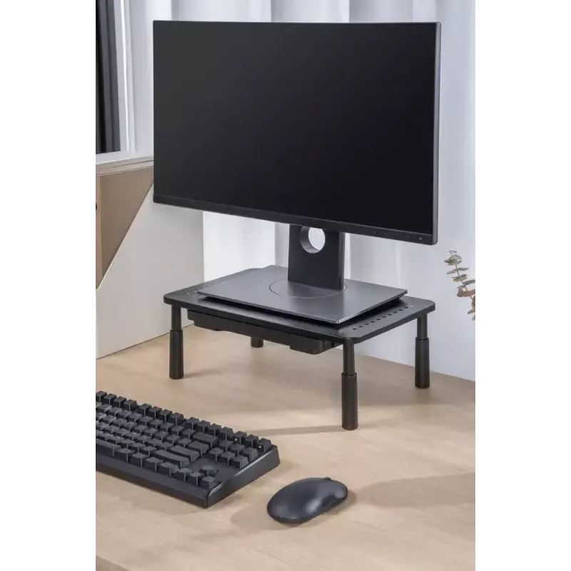 Monitora statīvs GEMBIRD MS-TABLE-D-01 — augstumā regulējams galda paaugstinājums ar 1 atvilktni, tērauda, 140 mm augstums, balsta 1 displeju, 20 kg ietilpība