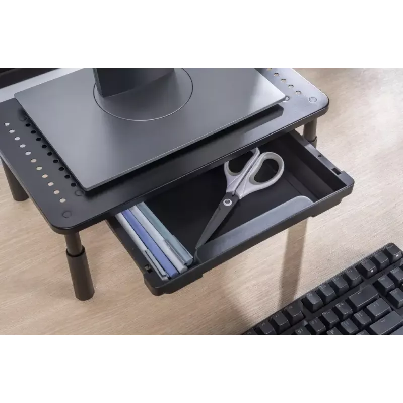 Monitora statīvs GEMBIRD MS-TABLE-D-01 — augstumā regulējams galda paaugstinājums ar 1 atvilktni, tērauda, 140 mm augstums, balsta 1 displeju, 20 kg ietilpība