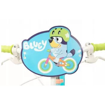 Bērnu velosipēds Toimsa Bluey 12 collas — 12 collu ritenis, zils un laima krāsā, priekšējās un aizmugurējās bremzes, mācību riteņi