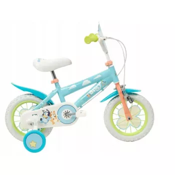 Bērnu velosipēds Toimsa Bluey 12 collas — 12 collu ritenis, zils un laima krāsā, priekšējās un aizmugurējās bremzes, mācību riteņi