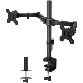 Monitora stiprinājums TECHLY ICA-LCD-382-D 2 displejiem, galda skava, līdz 27 collām, 20 kg, VESA 75x75–100x100, melns