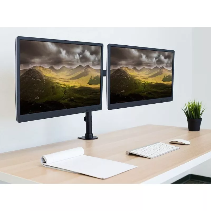 Monitora stiprinājums TECHLY ICA-LCD-382-D 2 displejiem, galda skava, līdz 27 collām, 20 kg, VESA 75x75–100x100, melns