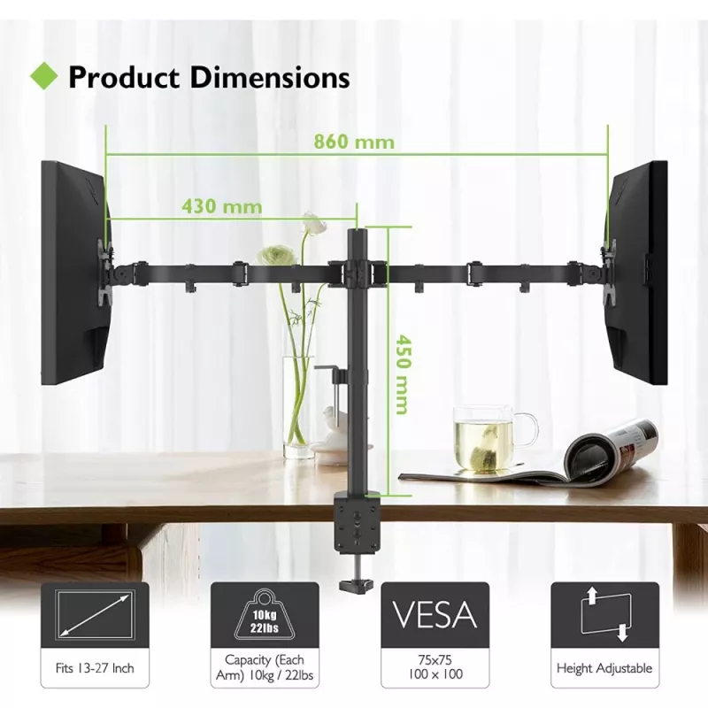 Monitora stiprinājums TECHLY ICA-LCD-382-D 2 displejiem, galda skava, līdz 27 collām, 20 kg, VESA 75x75–100x100, melns