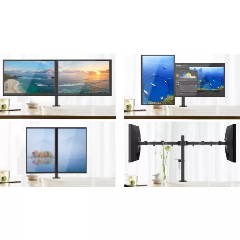 Monitora stiprinājums TECHLY ICA-LCD-382-D 2 displejiem, galda skava, līdz 27 collām, 20 kg, VESA 75x75–100x100, melns