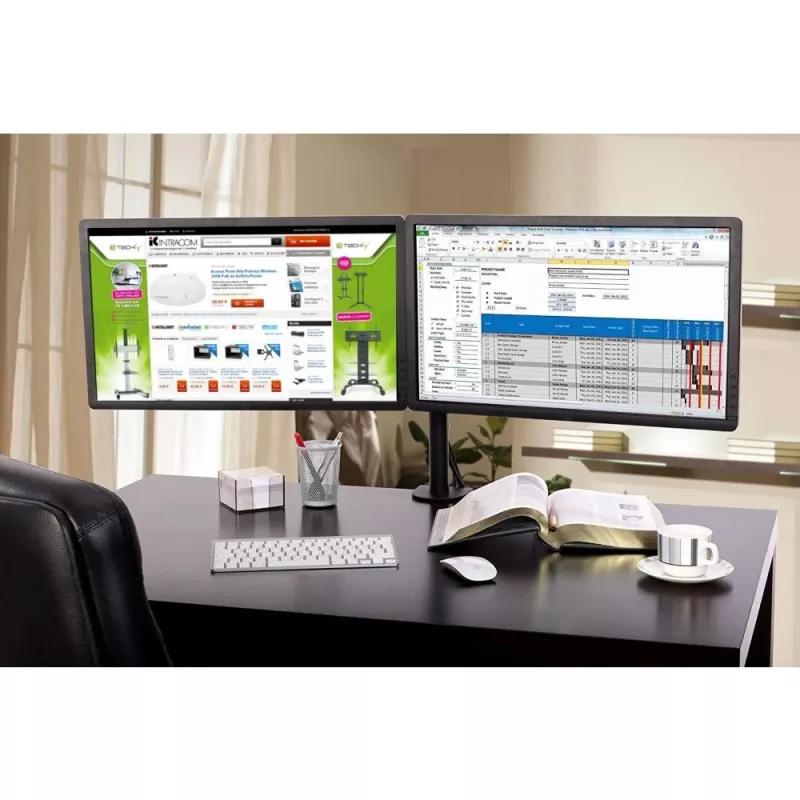 Monitora stiprinājums TECHLY ICA-LCD-382-D 2 displejiem, galda skava, līdz 27 collām, 20 kg, VESA 75x75–100x100, melns